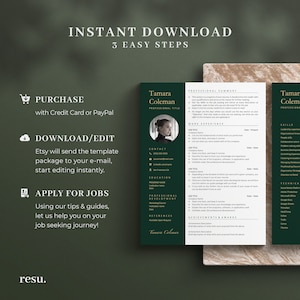 Pu&ograve; includere: Un modello di curriculum vitae verde e bianco con il testo "Download immediato 3 semplici passaggi" in alto. Il modello include sezioni per l'acquisto, il download/la modifica, la candidatura a lavoro, il riepilogo professionale, l'esperienza lavorativa, le competenze, le competenze tecniche, i risultati e i premi, e i riferimenti. Il modello &egrave; progettato per aiutare i candidati a lavoro a creare un curriculum vitae professionale.