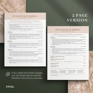 May include: A two-page resume template with a brown and beige color scheme. The template includes sections for professional summary, work experience, education, achievements, skills, and references. The text "If you need more than 2 pages, you can easily add as needed. Detailed instructions included." is at the bottom of the first page.