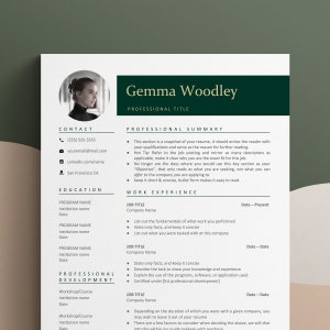Può includere: Un modello di curriculum con uno schema di colori verde e bianco. Il modello include sezioni per le informazioni di contatto, l'istruzione, l'esperienza lavorativa e lo sviluppo professionale. Il modello include anche una sezione di riepilogo professionale.