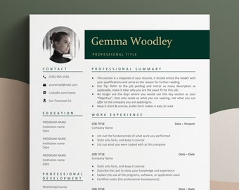 May include: A resume template with a green and white colour scheme. The template includes sections for contact information, education, work experience, and professional development. The template also includes a professional summary section.