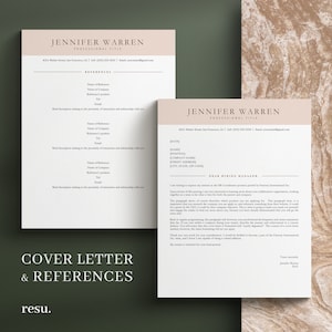 May include: A beige and brown cover letter and resume template with the name Jennifer Warren and the title Professional Title. The cover letter includes a section for references.
