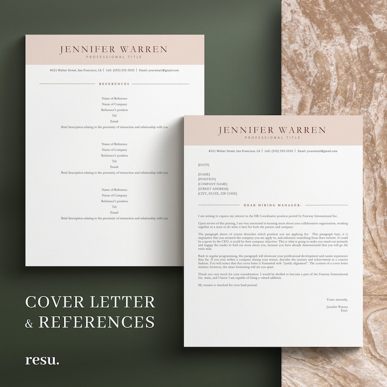 May include: A beige and brown cover letter and resume template with the name Jennifer Warren and the title Professional Title. The cover letter includes a section for references.
