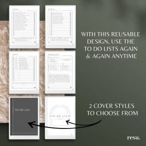 May include: A digital planner with various to-do list layouts and a task plan. The image shows two cover styles and the text "WITH THIS REUSABLE DESIGN, USE THE TO DO LISTS AGAIN & AGAIN ANYTIME" and "2 COVER STYLES TO CHOOSE FROM".