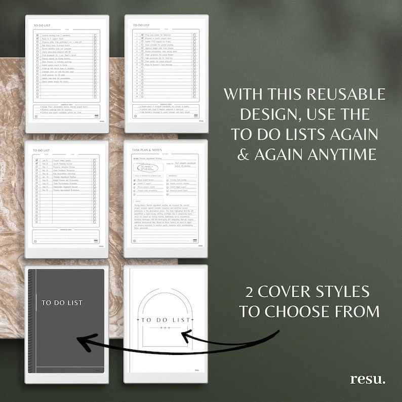 May include: A digital planner with various to-do list layouts and a task plan. The image shows two cover styles and the text "WITH THIS REUSABLE DESIGN, USE THE TO DO LISTS AGAIN & AGAIN ANYTIME" and "2 COVER STYLES TO CHOOSE FROM".