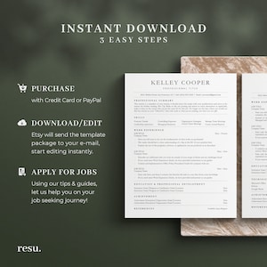 Op de afbeelding: Een groene en witte cv-sjabloon met de tekst "INSTANT DOWNLOAD 3 EASY STEPS" bovenaan. De sjabloon bevat secties voor "PURCHASE", "DOWNLOAD/EDIT" en "APPLY FOR JOBS".