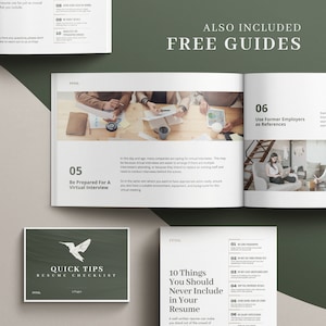 Puede incluir: Una gu&iacute;a verde y blanca con el texto "Quick Tips Resume Checklist" y "10 Things You Should Never Include in Your Resume". La gu&iacute;a tambi&eacute;n incluye consejos sobre c&oacute;mo prepararse para una entrevista virtual y c&oacute;mo utilizar a antiguos empleadores como referencias.