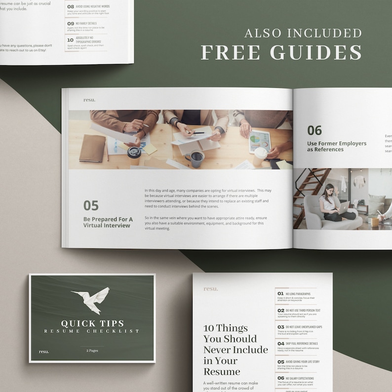 Puede incluir: Una gu&iacute;a verde y blanca con el texto "Quick Tips Resume Checklist" y "10 Things You Should Never Include in Your Resume". La gu&iacute;a tambi&eacute;n incluye consejos sobre c&oacute;mo prepararse para una entrevista virtual y c&oacute;mo utilizar a antiguos empleadores como referencias.