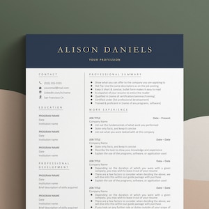 May include: A black and white resume template with the title "Alison Daniels" and the heading "Your Profession". The resume includes sections for contact information, education, professional development, and work experience.