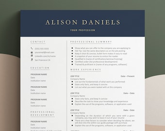 May include: A black and white resume template with the title "Alison Daniels" and the heading "Your Profession". The resume includes sections for contact information, education, professional development, and work experience.