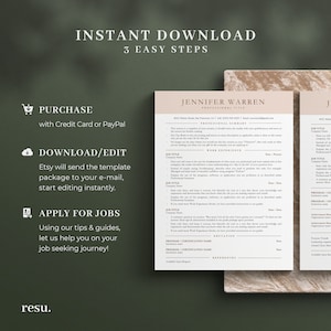 May include: A light brown and white resume template with the text "Instant Download 3 Easy Steps" at the top. The template includes sections for "Purchase", "Download/Edit", and "Apply for Jobs".
