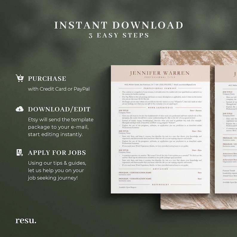 May include: A light brown and white resume template with the text "Instant Download 3 Easy Steps" at the top. The template includes sections for "Purchase", "Download/Edit", and "Apply for Jobs".