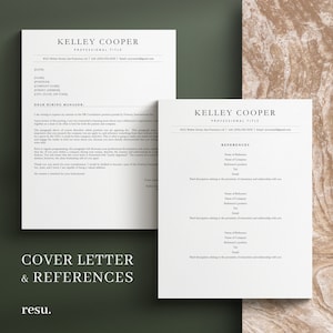 Op de afbeelding: Een zwart-witte sjabloon voor een sollicitatiebrief en referenties met de naam Kelley Cooper en contactgegevens. De sollicitatiebrief staat links en de referentiepagina rechts.