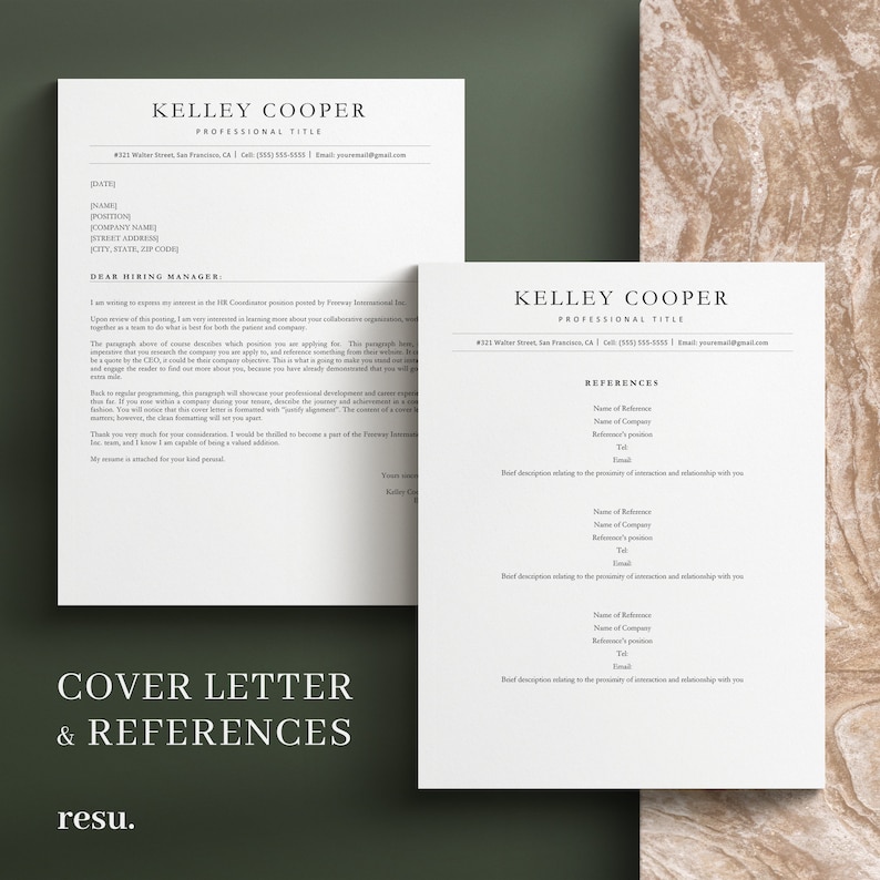Op de afbeelding: Een zwart-witte sjabloon voor een sollicitatiebrief en referenties met de naam Kelley Cooper en contactgegevens. De sollicitatiebrief staat links en de referentiepagina rechts.