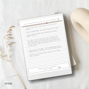 May include: A white digital planner with a black screen displaying a handwritten daily journal entry. The entry includes a calendar with dates for each month of the year, and a handwritten message about taking time for rest and self-care. The message reads "Remember that Rest is not wasted time. It's part of growth."