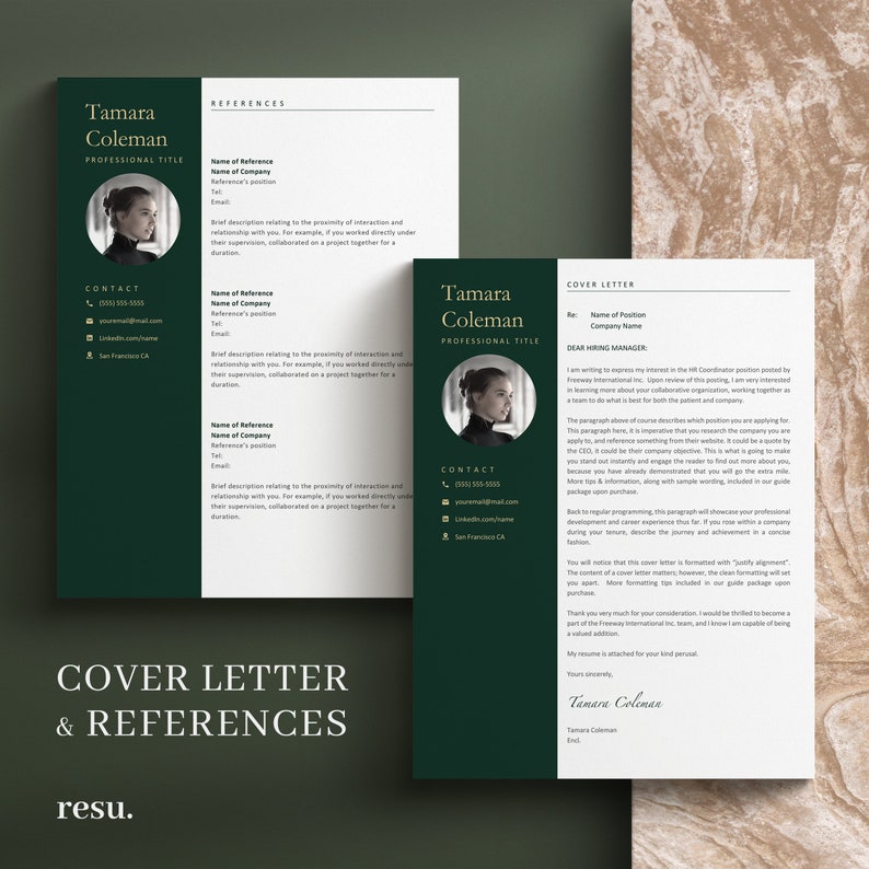 Pu&ograve; includere: Un modello di curriculum vitae verde e bianco con una lettera di presentazione. Il curriculum vitae include una foto professionale, informazioni di contatto e un elenco di referenze. La lettera di presentazione include un saluto professionale, un paragrafo sull'esperienza del candidato e una frase di chiusura.