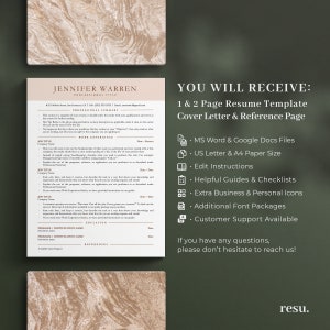 May include: A beige and brown marble background with a white resume template on top. The resume template has the text "Jennifer Warren" at the top and includes the text "Professional Title", "Professional Summary", "Work Experience", "Education", "Program/Certification Name", "References", "Available Upon Request". The right side of the image has a green background with the text "You Will Receive: 1 & 2 Page Resume Template Cover Letter & Reference Page" and a list of features included in the template: "MS Word & Google Docs Files", "US Letter & A4 Paper Size", "Edit Instructions", "Helpful Guides & Checklists", "Extra Business & Personal Icons", "Additional Font Packages", "Customer Support Available". The text "If you have any questions, please don't hesitate to reach us!" is at the bottom of the green background. The text "resu." is at the bottom right corner of the image.