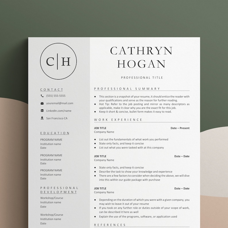 May include: A black and white resume template with a professional summary, work experience, education, and professional development sections. The template features a simple design with a circle containing the initials "CH" at the top.