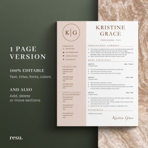 May include: A beige and brown resume template with the text "1 PAGE VERSION" and "100% EDITABLE Text, titles, fonts, colors" in the upper left corner. The text "AND ALSO Add, delete or move sections" is in the lower left corner. The upper right corner has a brown circle with the letters "K|G" inside. The text "KRISTINE GRACE PROFESSIONAL TITLE" is in the upper right corner. The text "PROFESSIONAL SUMMARY" is in the upper right corner. The text "WORK EXPERIENCE" is in the upper right corner. The text "EDUCATION" is in the upper left corner. The text "PROFESSIONAL DEVELOPMENT" is in the upper left corner. The text "REFERENCES" is in the lower right corner. The text "Available Upon Request" is in the lower right corner. The text "Kristine Grace" is in the lower right corner.