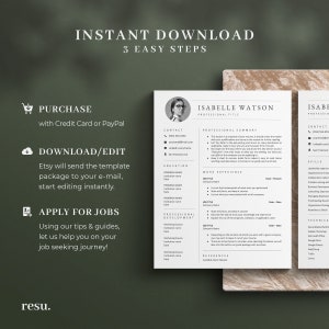 Puede incluir: Una plantilla de curr&iacute;culum en blanco y negro con una foto de una mujer en la esquina superior derecha. La plantilla incluye secciones para informaci&oacute;n de contacto, educaci&oacute;n, experiencia laboral, desarrollo profesional, habilidades y habilidades t&eacute;cnicas. El texto "INSTANT DOWNLOAD 3 EASY STEPS" est&aacute; en la parte superior de la p&aacute;gina.