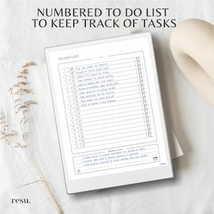 May include: A white digital to-do list tablet with the text "NUMBERED TO DO LIST TO KEEP TRACK OF TASKS". The list includes numbered tasks with checkboxes. The tablet also has additional notes at the bottom.