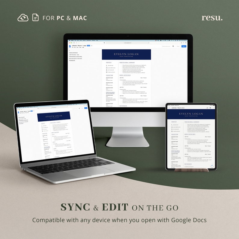 May include: A desktop computer, laptop, and tablet display a resume template with the name "EVELYN LOGAN". The text "FOR PC & MAC" and "SYNC & EDIT ON THE GO" are visible. The resume template has a navy blue header.