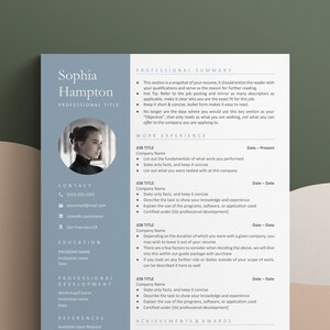 May include: A blue resume template with a professional headshot of a woman. The resume includes sections for professional summary, work experience, education, professional development, and references. The template is designed to be visually appealing and easy to read.