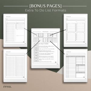 May include: Digital to-do list templates in various formats, displayed on white tablets. The image includes a central tablet with instructions and several other tablets showcasing different list layouts. The text "Extra To Do List Formats" is visible.