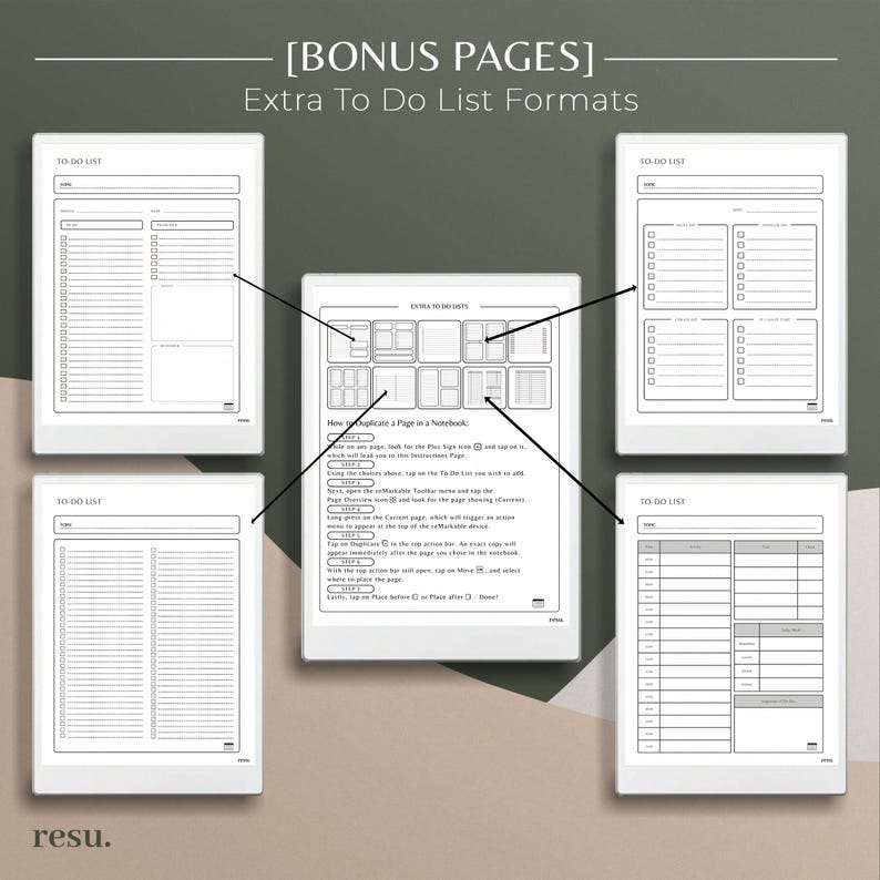 May include: Digital to-do list templates in various formats, displayed on white tablets. The image includes a central tablet with instructions and several other tablets showcasing different list layouts. The text "Extra To Do List Formats" is visible.
