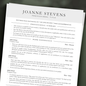 Puede incluir: Una plantilla de curr&iacute;culum vitae en blanco y negro con el t&iacute;tulo "Joanne Stevens" y el encabezado "Resumen profesional". El curr&iacute;culum incluye una secci&oacute;n de experiencia laboral con consejos sobre c&oacute;mo escribir un resumen profesional y c&oacute;mo describir tu experiencia laboral.