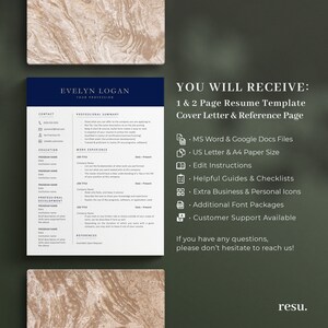 May include: A resume template with a navy blue header and a white background. The template includes sections for contact information, professional summary, education, work experience, and professional development. The text "EVELYN LOGAN YOUR PROFESSION" is at the top. The image also lists what you will receive.