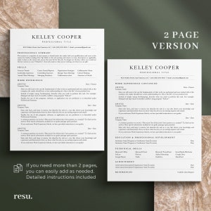 Op de afbeelding: Een tweezijdige cv-sjabloon met een minimalistisch ontwerp. De sjabloon bevat secties voor een professionele samenvatting, vaardigheden, werkervaring, opleiding en professionele ontwikkeling, technische vaardigheden, prestaties en referenties. De sjabloon is ontworpen om gemakkelijk aan te passen en kan worden gebruikt om een professionele en effectieve cv te maken.