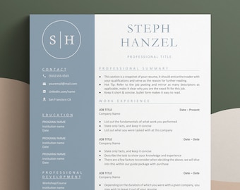 May include: A resume template with a blue and white color scheme. The template includes sections for contact information, education, professional development, work experience, and professional summary. The template is designed to be used by job seekers.