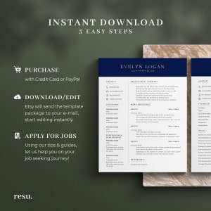 May include: A navy blue resume template with white text, featuring sections for contact information, professional summary, education, work experience, and skills. The words "INSTANT DOWNLOAD" and "APPLY FOR JOBS" are also visible.