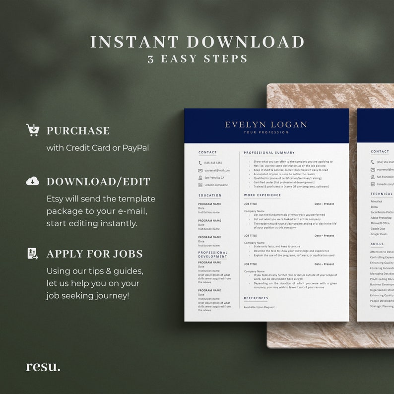 May include: A navy blue resume template with white text, featuring sections for contact information, professional summary, education, work experience, and skills. The words "INSTANT DOWNLOAD" and "APPLY FOR JOBS" are also visible.
