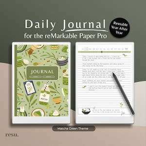 May include: A digital planner with a green matcha theme. The cover features a pattern of matcha drinks, bamboo, and leaves. The planner includes a daily journal section and a calendar. The text "Daily Journal for the reMarkable Paper Pro" is at the top of the image. The text "Matcha Green Theme" is at the bottom of the image.