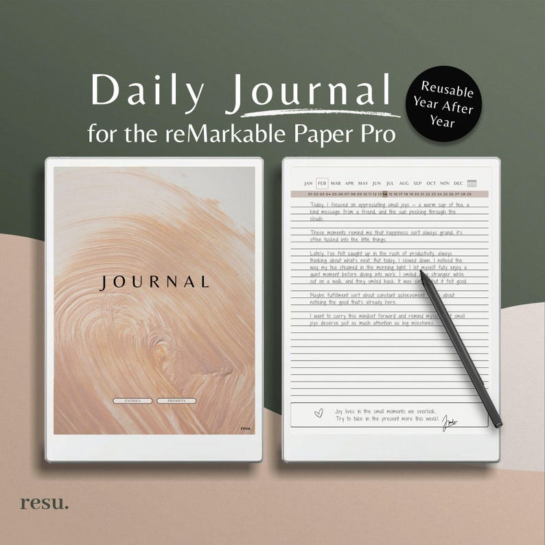 May include: A digital journal template designed for the reMarkable Paper Pro tablet. The template features a wood grain background with the word "JOURNAL" in white text. The template includes a calendar and lined pages for daily journaling.