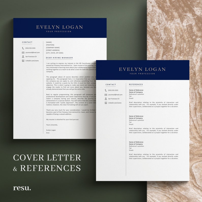May include: A professional resume template with a navy blue header and footer. The template includes sections for contact information, a cover letter, and references. The text is in a clean, easy-to-read font. The words "EVELYN LOGAN" and "COVER LETTER & REFERENCES" are visible.