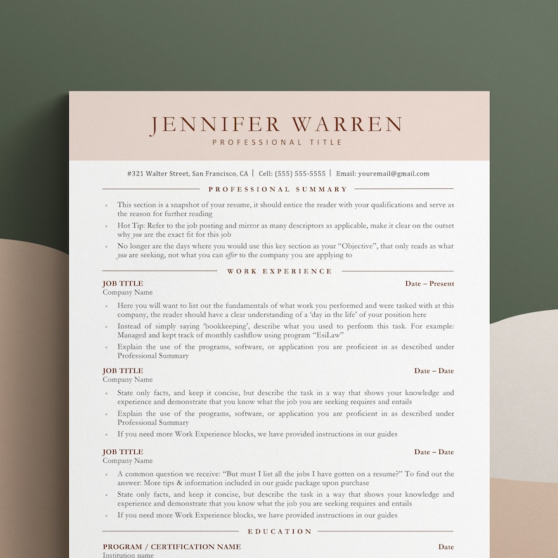 May include: A resume template with a professional design. The template includes sections for professional summary, work experience, education, and program/certification. The template is designed to help job seekers create a professional and effective resume.