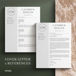 May include: A black and white resume template with a cover letter. The template features a simple design with a circle containing the initials "CH" at the top of each page. The text "Cathryn Hogan" is centered at the top of each page. The resume includes contact information, references, and a cover letter.