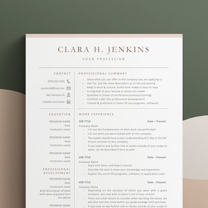 May include: A resume template with a professional design. The resume is for Clara H. Jenkins, who is applying for a job in a professional field. The resume includes contact information, a professional summary, education, work experience, and professional development sections.
