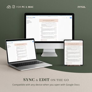 May include: A mockup of a resume template displayed on a desktop computer, laptop, and tablet. The resume is titled "Jennifer Warren, Professional Summary". The text "SYNC & EDIT ON THE GO" is displayed below the mockups. The text "Compatible with any device when you open with Google Docs" is displayed below the text "SYNC & EDIT ON THE GO".
