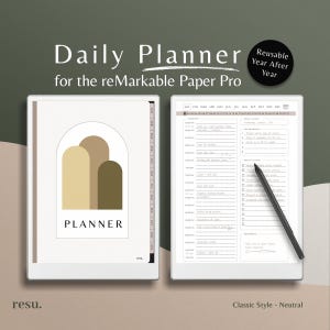 May include: A digital daily planner for the reMarkable Paper Pro. The planner has a neutral colour scheme and a minimalist design. The left side displays a cover with the word "PLANNER" and an abstract design. The right side shows a daily schedule with a stylus.