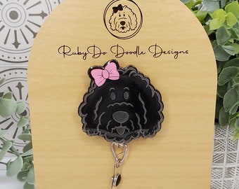 Black Rubydo Shaped Doodle Girl With Bow Badge Reel Goldendoodle Badge Reel  Exclusive Rubydo Doodle Design 