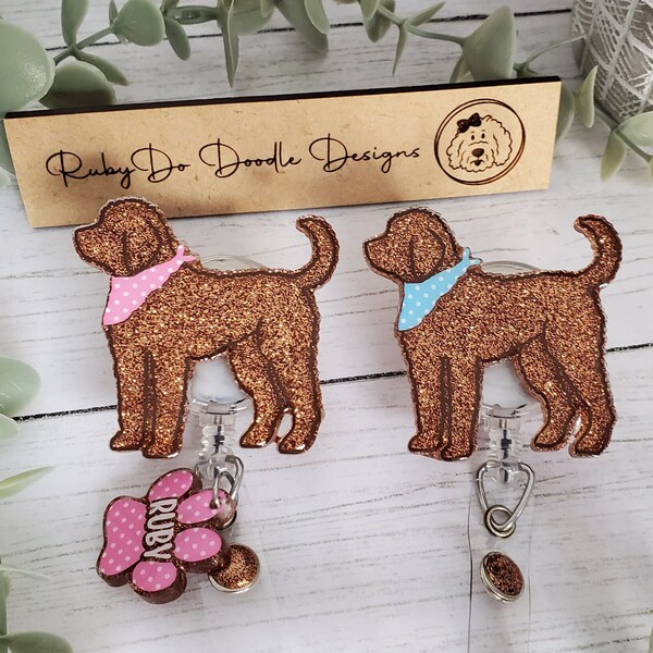 Apricot RubyDo Silhouette Goldendoodle Badge Reel with a Pink or Blue Polka Dot Bandana | Exclusive RubyDo Doodle Designs