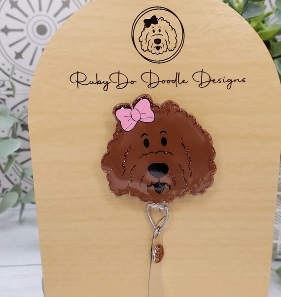 Apricot/cinnamon Rubydo Shaped Doodle Girl With Bow Badge Reel Goldendoodle  Badge Reel Exclusive Rubydo Doodle Design 
