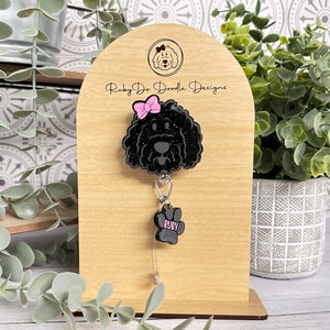 Black RubyDo Shaped Doodle Girl with Bow Badge Reel | Goldendoodle Badge Reel | Exclusive RubyDo Doodle Design