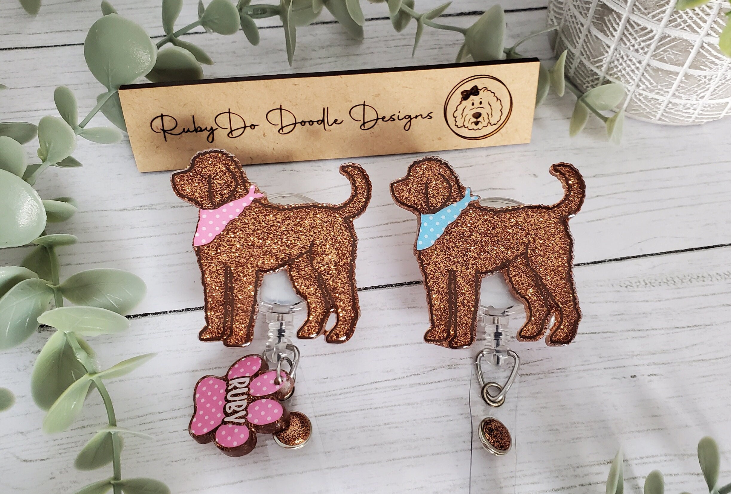 Apricot Rubydo Silhouette Goldendoodle Badge Reel With a Pink or
