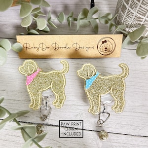 Blonde RubyDo Silhouette Goldendoodle Badge Reel with a Pink or Blue Polka Dot Bandana | Exclusive RubyDo Doodle Designs