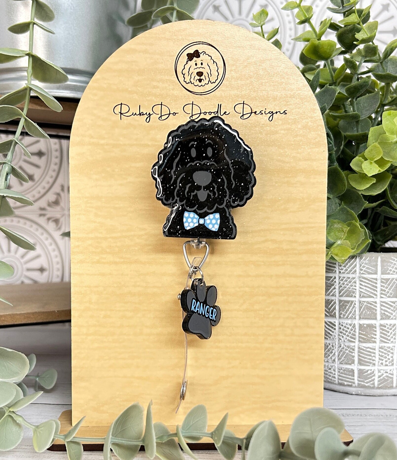 Black Rubydo Doodle Boy Bowtie Badge Reel Goldendoodle Badge Reel