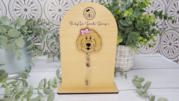 Tan Rubydo Shaped Doodle Girl With Bow Badge Reel Goldendoodle Badge Reel  Exclusive Rubydo Doodle Design 